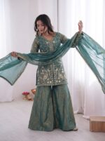 Launching New party wear look pure heavy fendy silk Top plazzo with duppata set - Image 19