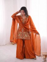 Launching New party wear look pure heavy fendy silk Top plazzo with duppata set - Image 5