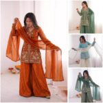 Launching New party wear look pure heavy fendy silk Top plazzo with duppata set - Image 2