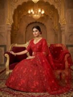 Launching 4 meter flared red Soft butterfly Net sequins embroidered work Lahenga - Image 2