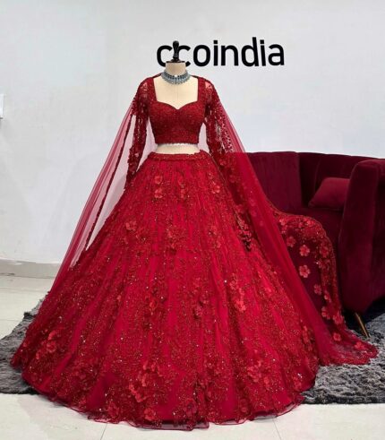 Launching 4 meter flared red Soft butterfly Net sequins embroidered work Lahenga