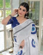 Presenting New premium linen cotton white najariya print saree collection - Image 4