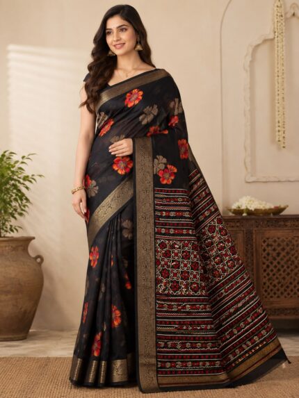 Presenting New Super Trending Black Flower print saree collection