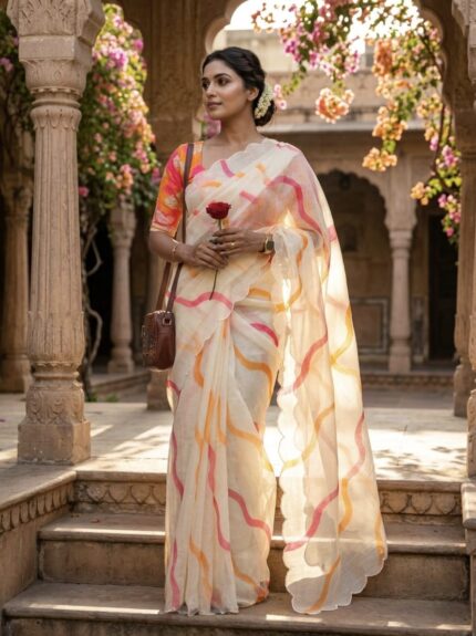 Presenting New Plain Linen All over Laheria Digital printed saree collection