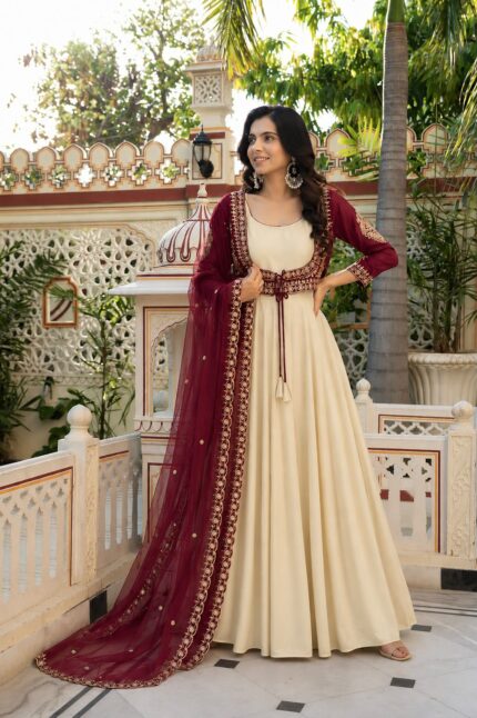 Presenting New 3 pieces stylish Gown with Beautiful Koti And Duppata set