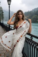 Floral print silver cotton saree with elegant printed Blouse - Image 6