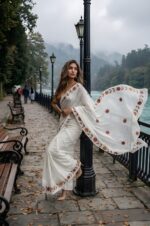 Floral print silver cotton saree with elegant printed Blouse - Image 8