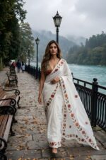 Floral print silver cotton saree with elegant printed Blouse